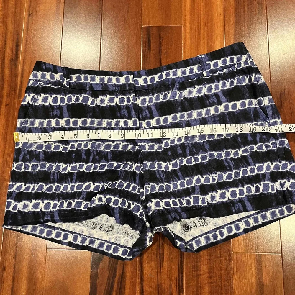 J Crew Blue White Shorts Linen Cotton Tie Dye Geo Pattern Zip Hook Closure Sz 12